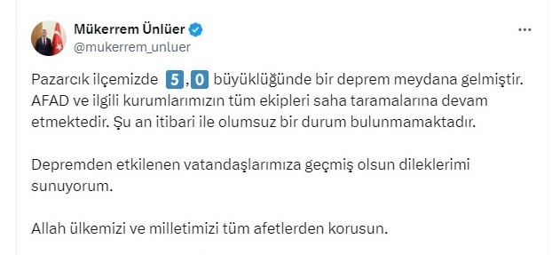 Kahramanmaraş Valisi Ünlüer: Şu an itibari ile olumsuz bir durum bulunmamaktadır