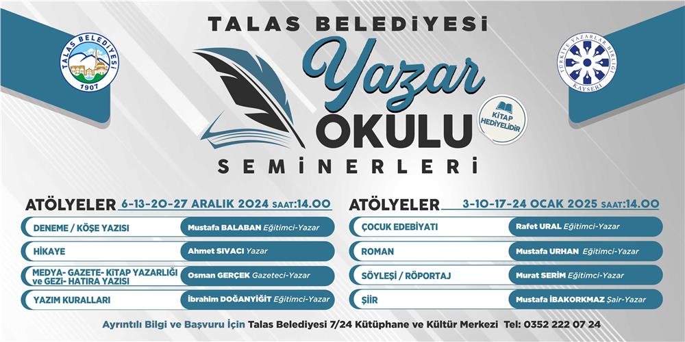 Talas Belediyesi’nde  yazar okulu seminerleri başlıyor