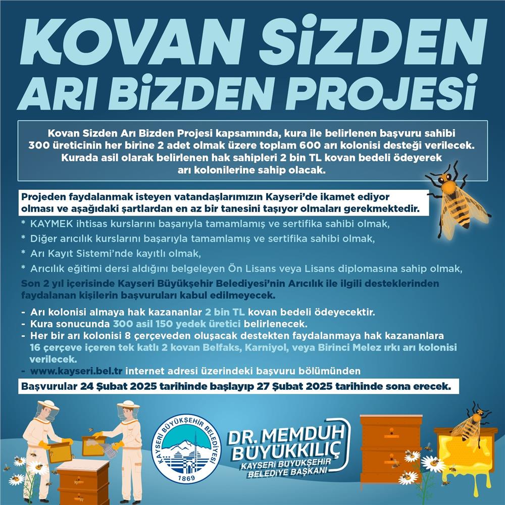 'Kovan Sizden, Arı Bizden' projesine başvurular başlıyor